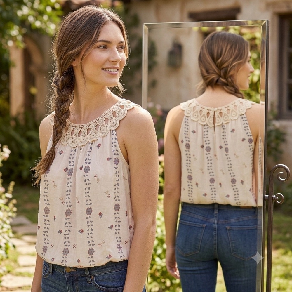 GIUSY Size-M Womens Blouse‎ Tan Silk Floral Crochet Neckline Boho